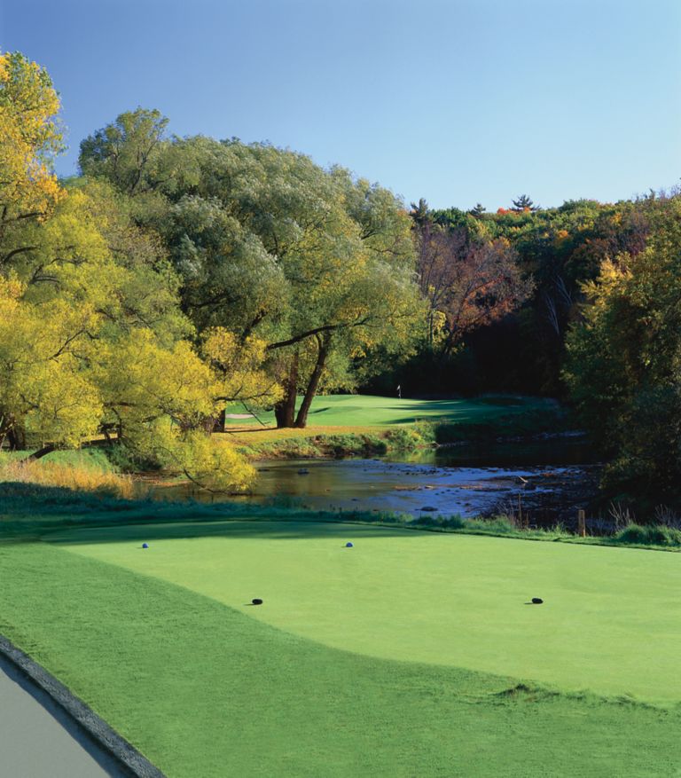 The green of hole 13 on The River course in the background with the river on the right. 