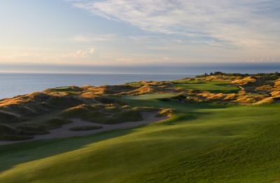 A view of the green from the fairway of hole 14 on the Straits Course at Whistling Straits. 