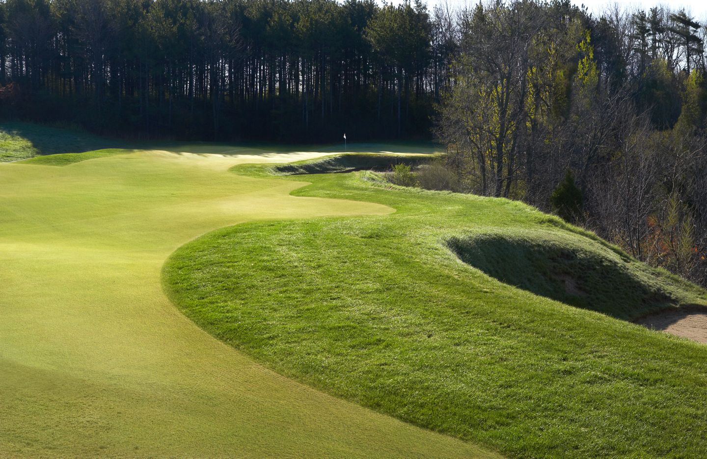 A view of the green of hole 6 on the River Course from the fairway with a sand trap on the left. 