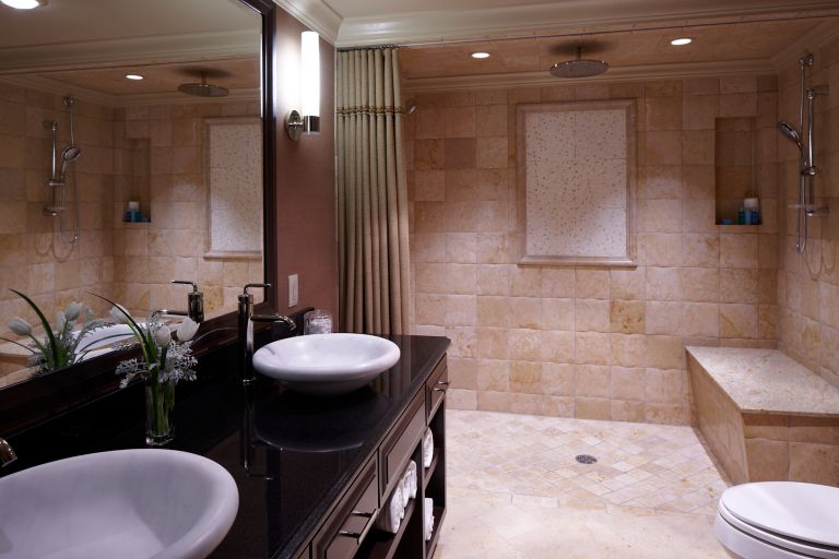 a double vanity and shower