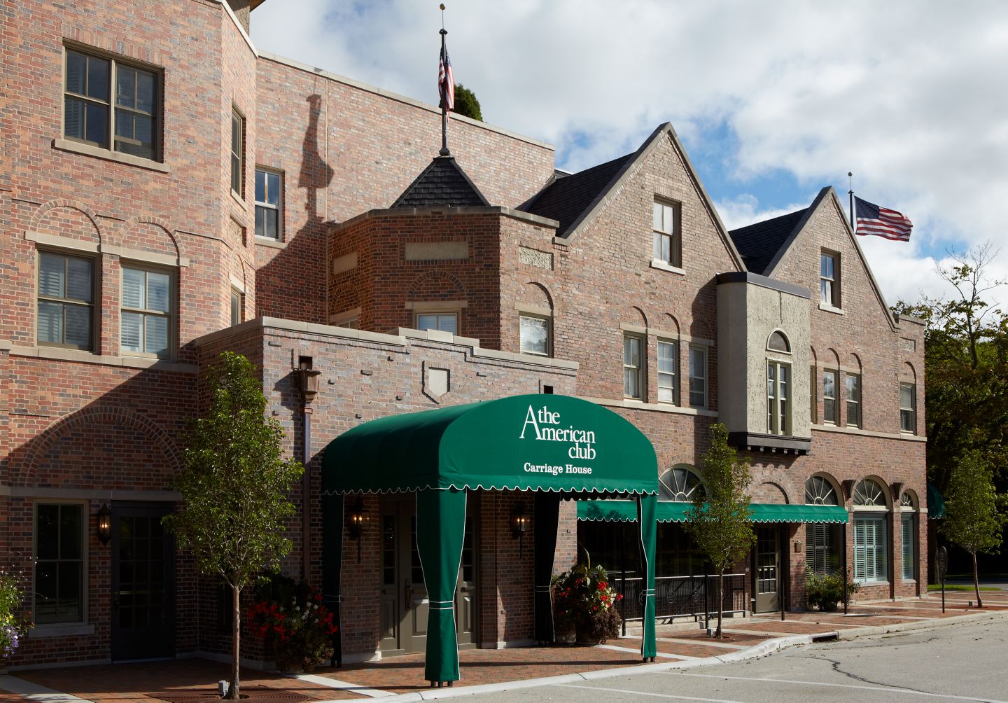 An exterior image of the awning outside the entrance of The Carriage House