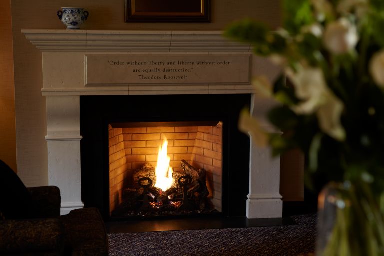 a roaring fireplace