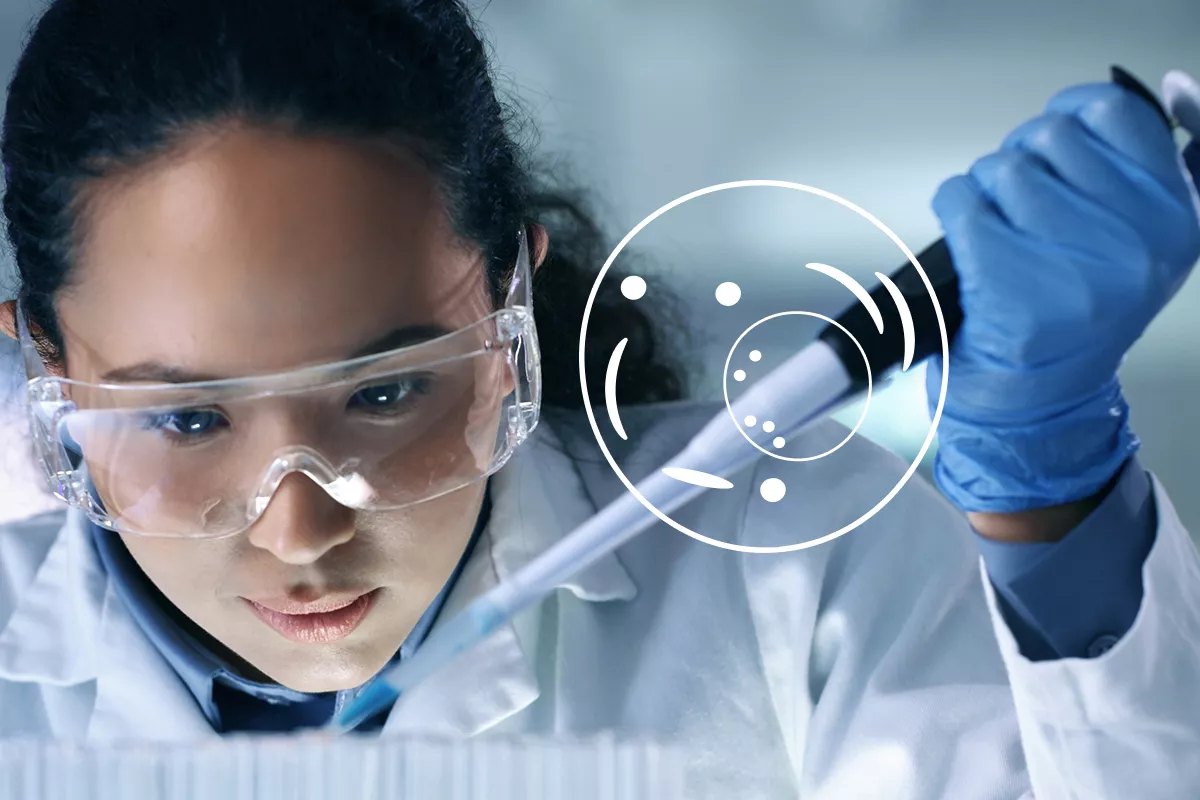 Scientist holding a pipette while extracting a specimen there is a cell icon above the pippette