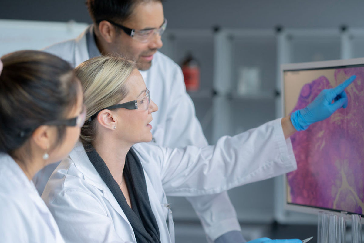Three Scientists observing a scan on a computer screen