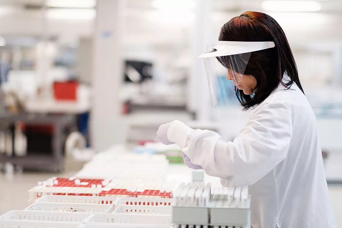 Científica de laboratorio con una bandeja grande de tubos de prueba