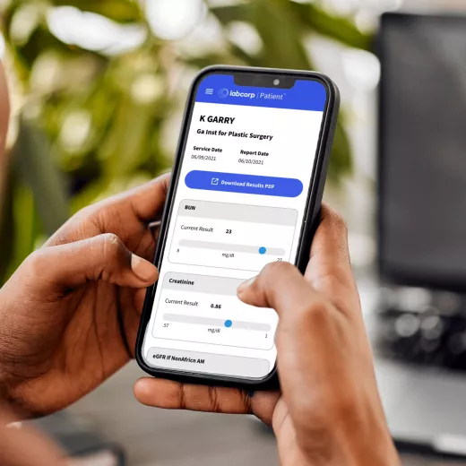Patient viewing Labcorp test results on mobile phone