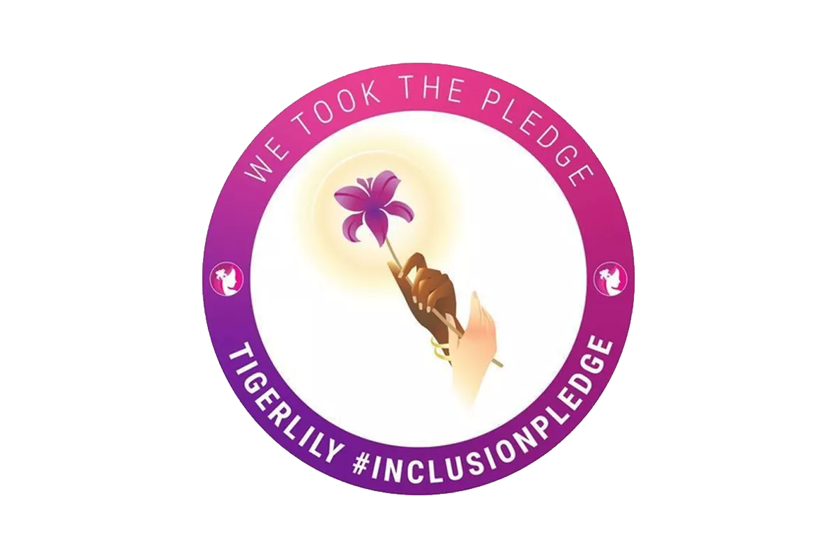 Tigerlily Foundation badge logo. multiple races of hands forming a star with "Rallying Around Community and Equity"