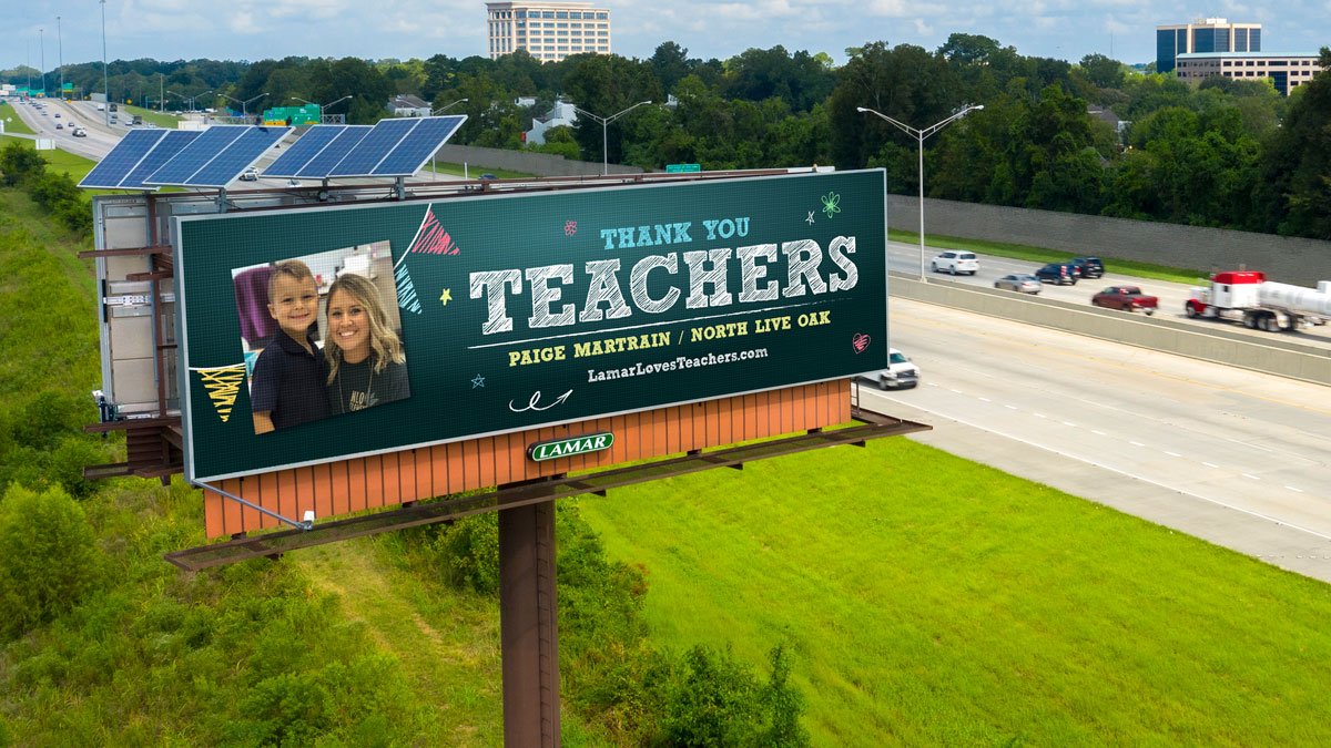Teacher Paige Martrain on a digital billboard for Lamar Advertising Teacher Appreciation Week