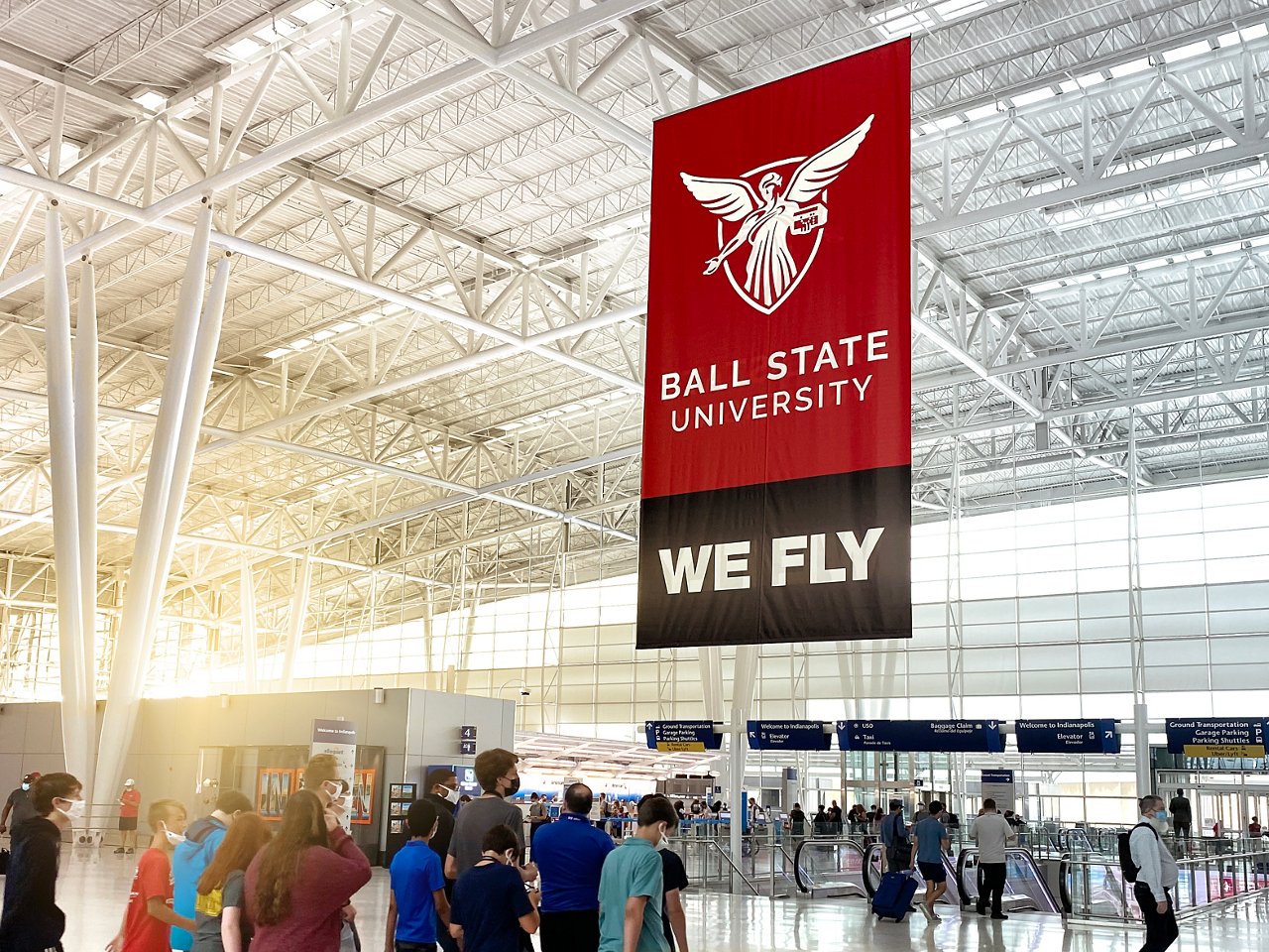 Lamar Advertising and Ball State University “We Fly” hanging banner in airport