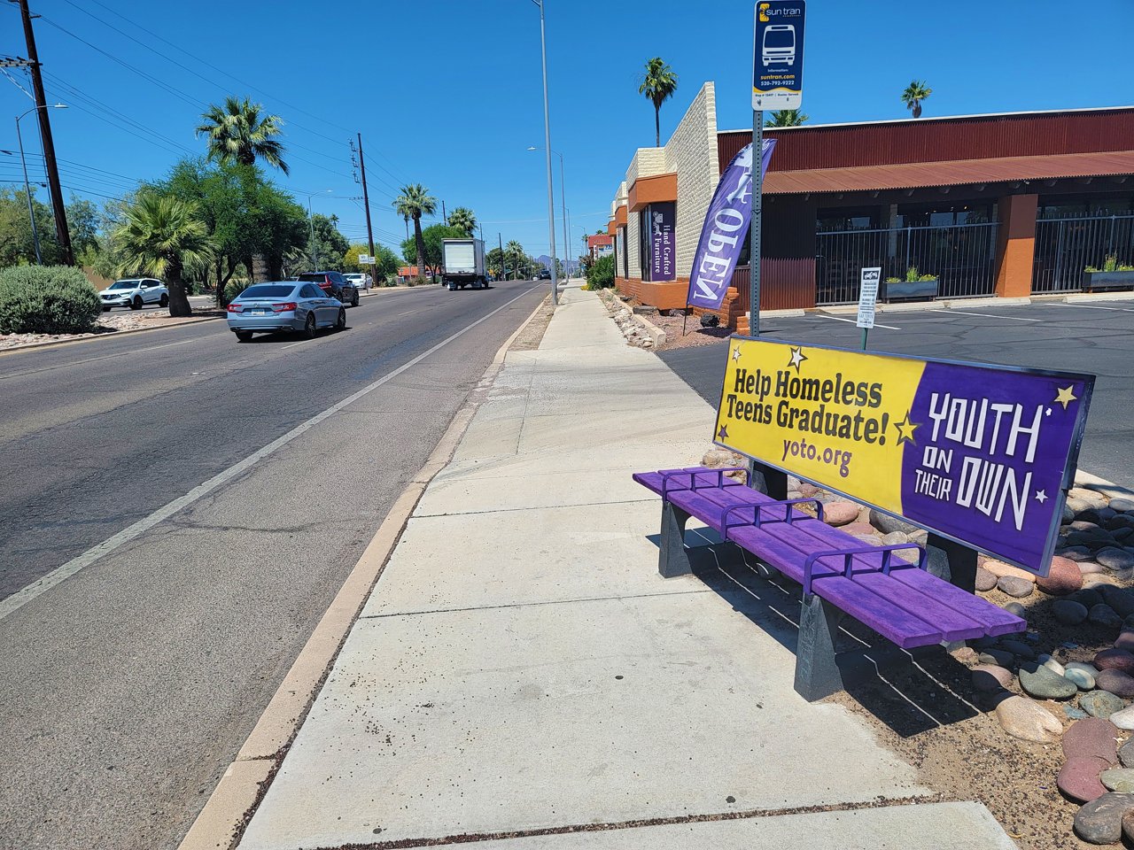 Bench advertising for Youth On Their Own on Lamar Advertising inventory