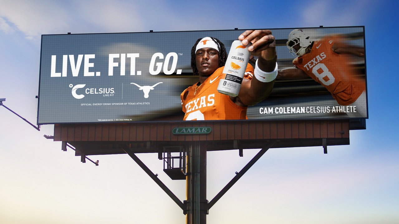 Celsius ad featuring UT college football player Cam Coleman on Lamar digital billboard