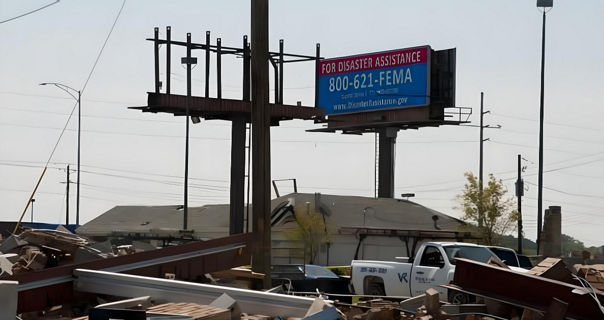 FEMA billboard on Lamar Advertising inventory towering over debris caused by natural disaster