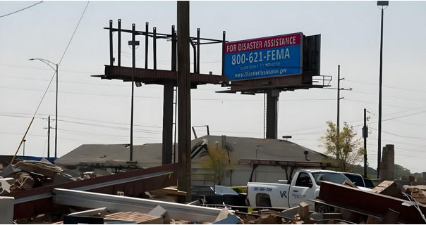 FEMA billboard on Lamar Advertising inventory towering over debris caused by natural disaster