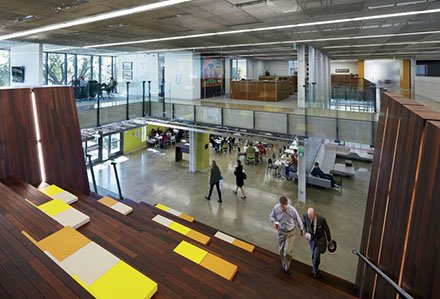 Top of main stairs during a busy work day at Lamar Advertising Corporate Headquarters