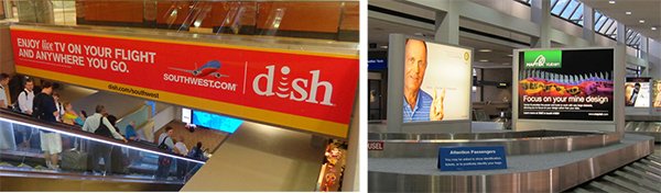 Dish & Southwest wall banner at PHX airport and two backlit dioramas at SLC Airport on Lamar Advertising inventory