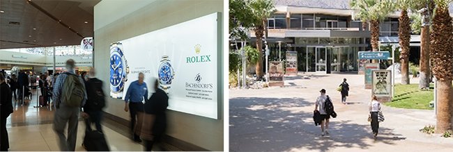 Rolex wall display in DAL and courtyard yard display at Palm Springs International airport on Lamar Advertising inventory