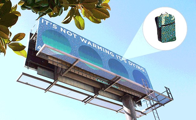 Milton Glaser's artwork for RAREFORM recycled products on Lamar Advertising billboard and prototype backpack