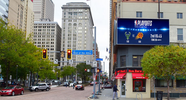 NBA Playoffs live scores on a Lamar Digital Billboard