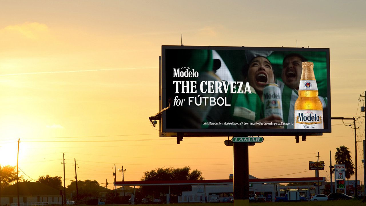 Modelo ad on a Lamar's Digital poster with a golden sunset background