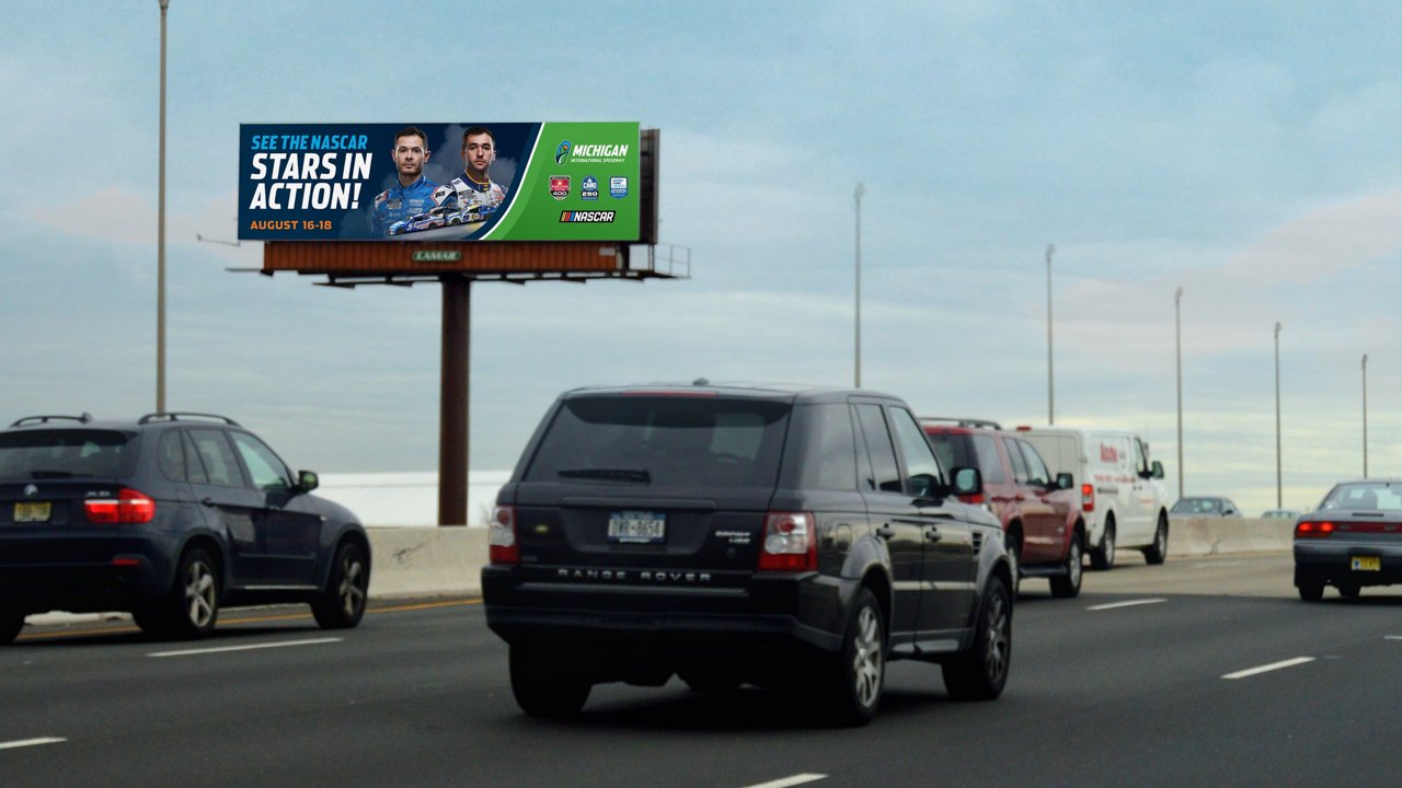Starts in Action - nascar creative displayed on Lamar's Digital billboard