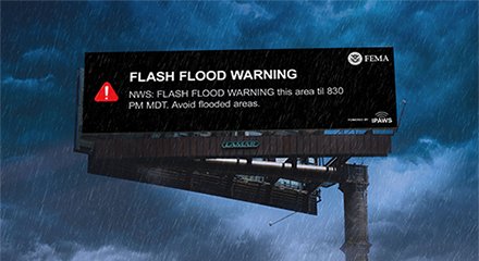 FEMA flash flood warning alert on Lamar Advertising digital billboard inventory