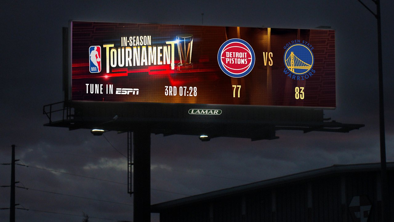 Lamar Advertising and NBA In-Season Tournament live dynamic creative featuring the Detroit Pistons and Golden State Warriors