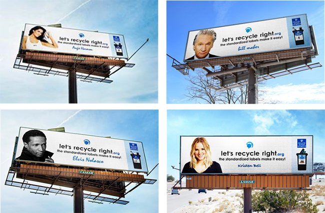 Angie Harmon, Bill Maher, Elvis Nolasco, Kristen Bell for Let's Recycle Right campaign on Lamar Advertising Inventory
