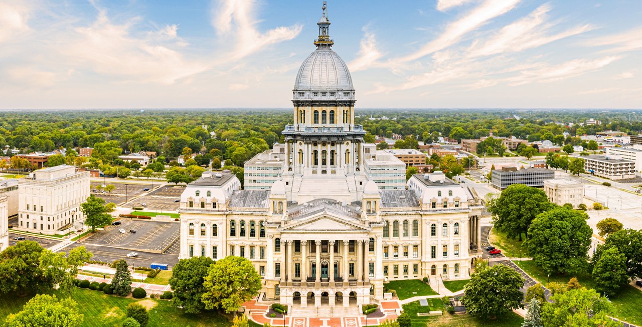 Drone view of the Illinois State Capitol, in Springfield. Illinois State Capitol houses the legislative and executive branches of the government of the U.S. state of Illinois