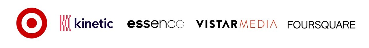 Logos for Target, kinetic, essence, VISTAR Media, and Foursquare