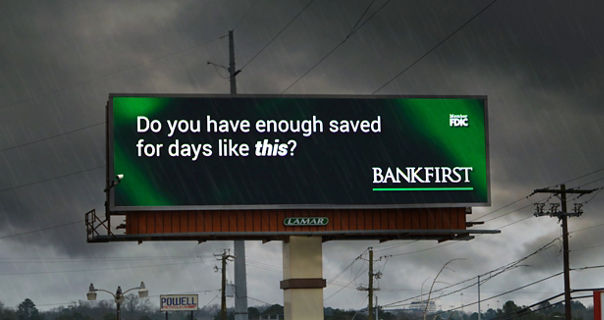 BankFirst ad with a weather question on a Lamar Digital Billboard