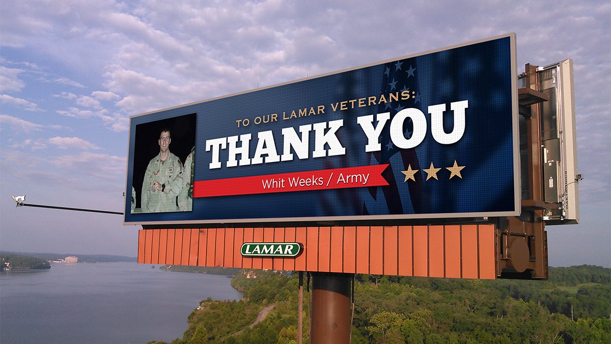 Lamar Advertising digital billboard honoring Lamar employees who are Veterans