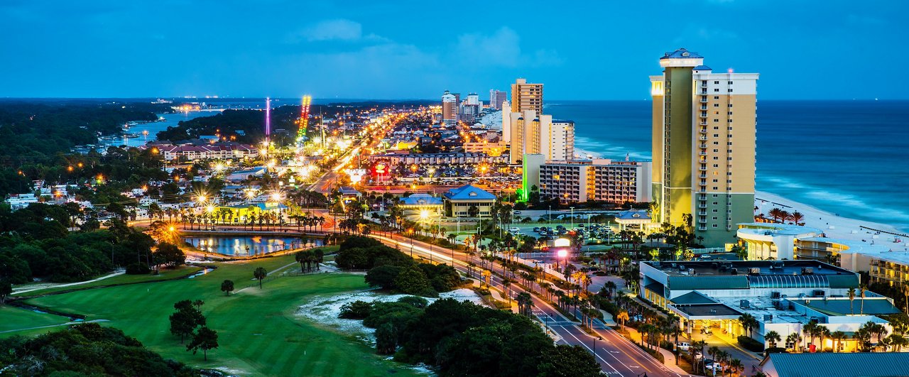 Panama City Beach, Florida, view of Front Beach Road at night during blue hour