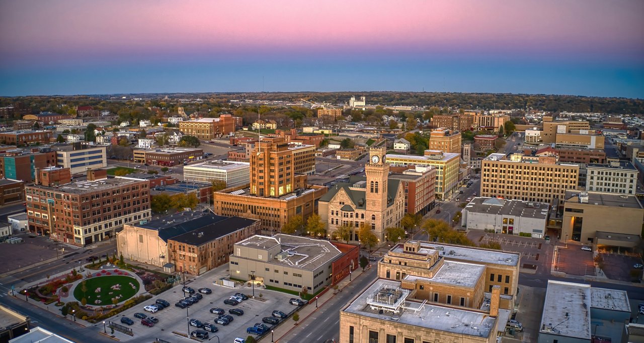 Aerial View of Downtown Sioux City, Iowa at Dusk; Shutterstock ID 2093278297; purchase_order: marketing; job: ; client: ; other: 