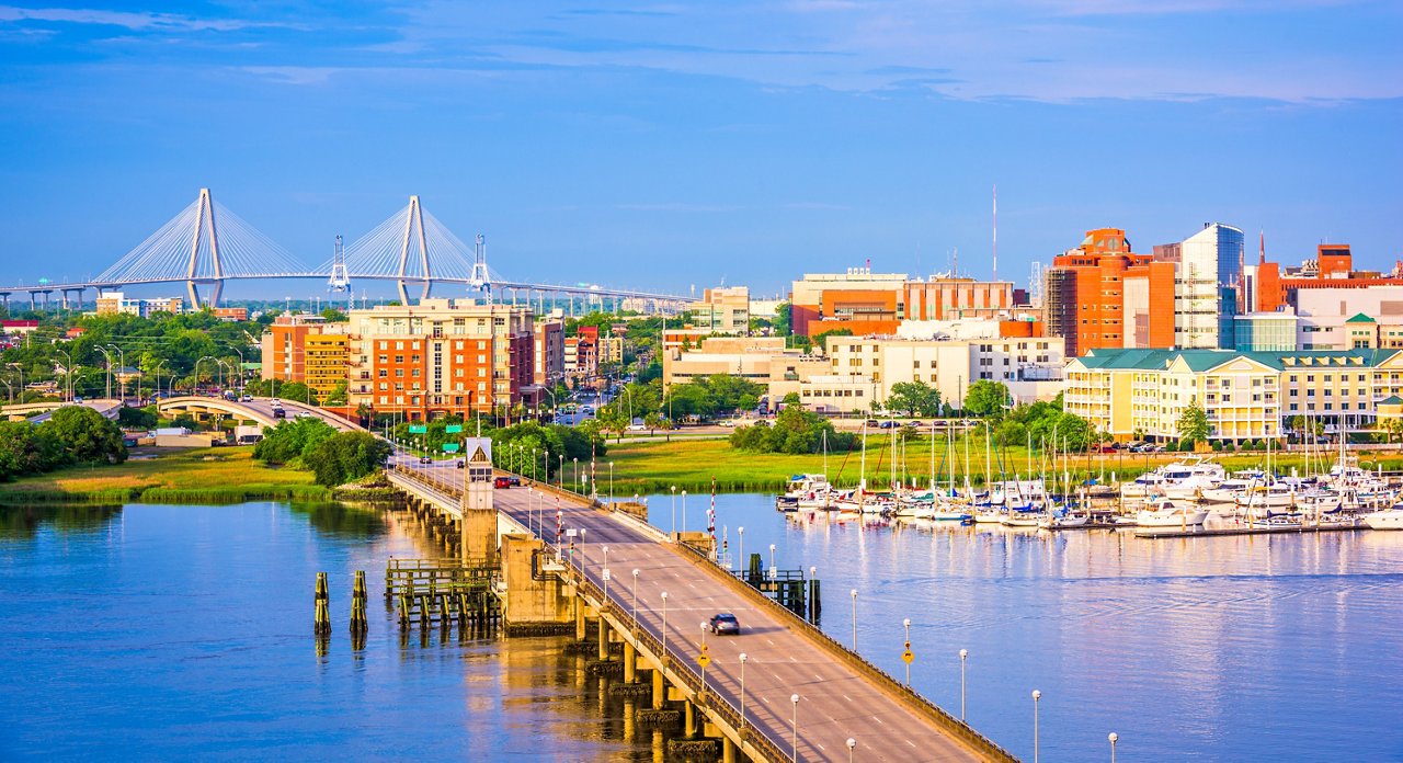 Charleston, South Carolina, USA skyline over the Ashley River.