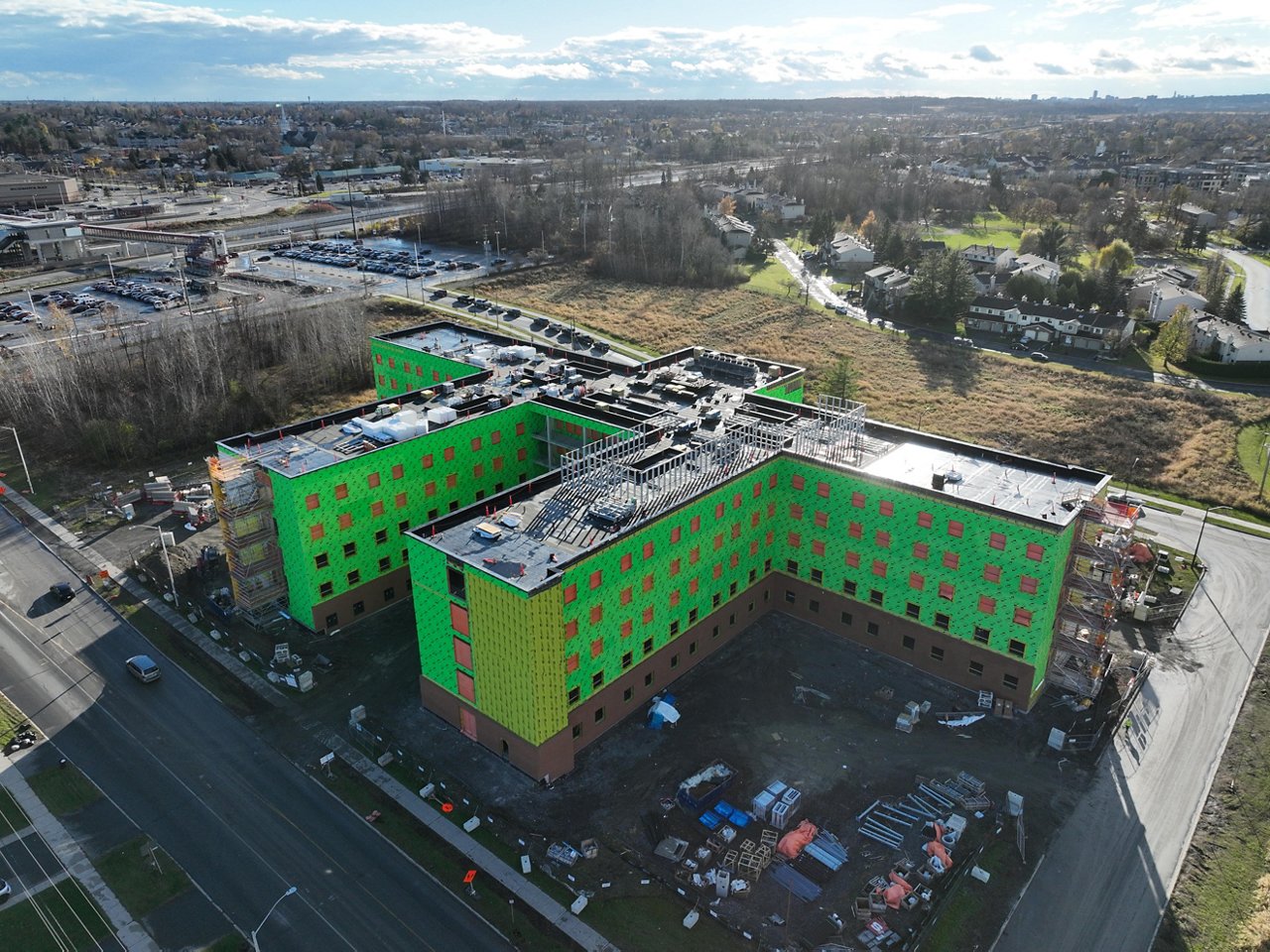 An aerial drone shot of the Carlingview Manor Long Term Care Facility  project in progress