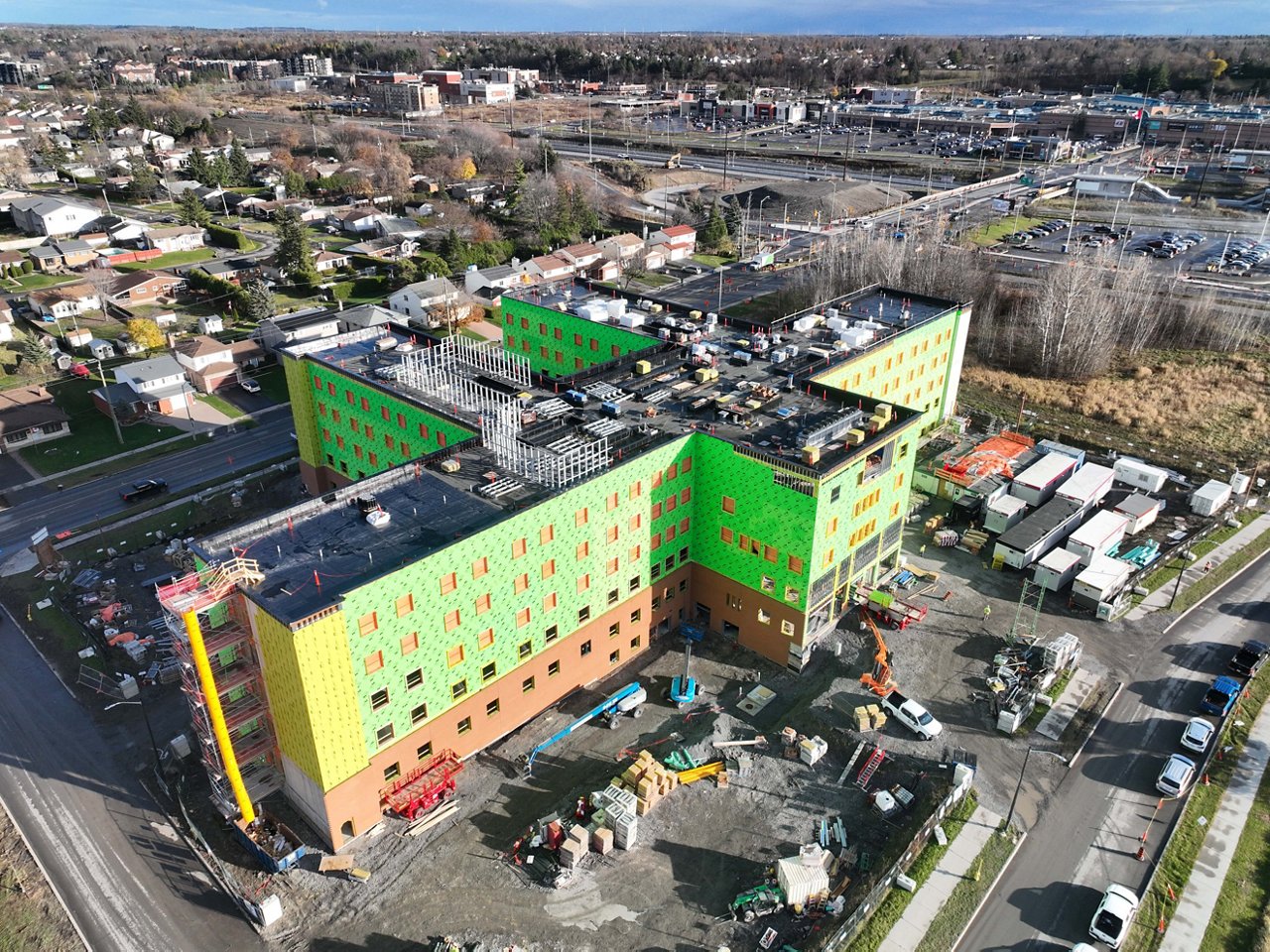 An aerial drone shot of the Carlingview Manor Long Term Care Facility  project in progress