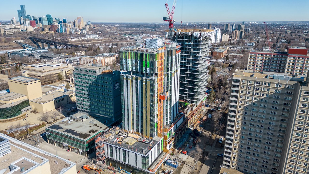 Sky shot of large tower buildings under construction