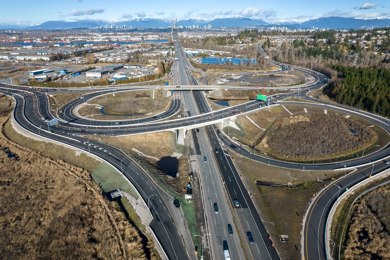 Major highway with on and off ramps sky shot