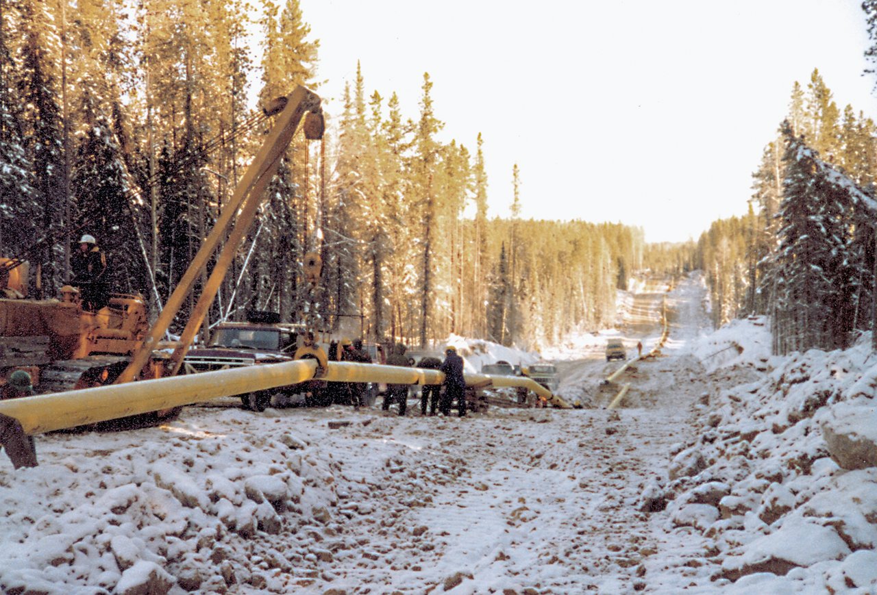 pipeline being connected down snow covered path