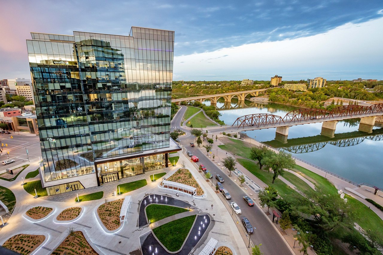 An exterior shot of the River Landing tower