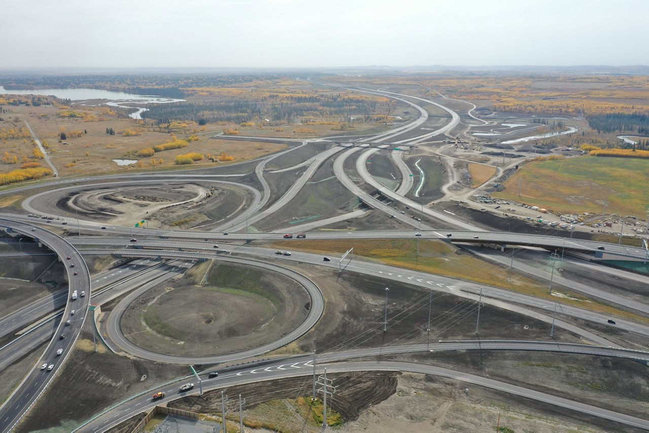 Sky shot of highway with on and off ramps