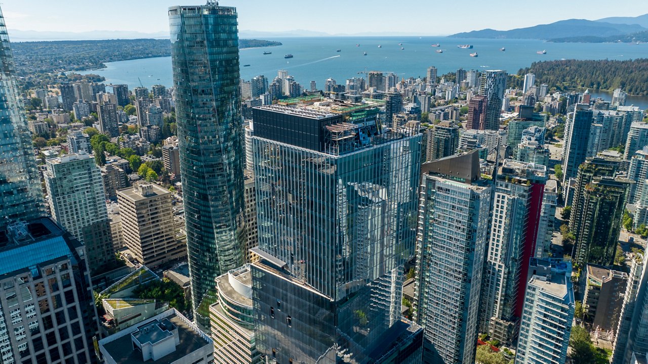 An aerial photo of the top of the Stack building exterior