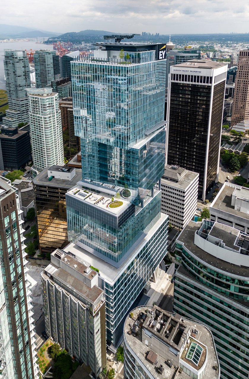 Aerial view of building.