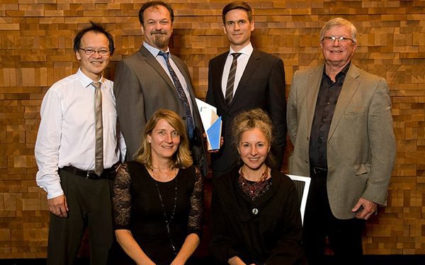 From L to R: Leung Chow (McFarland Marceau Architects), Mike Champion (UBC), Richard Aarestad (Ledcor), Larry McFarland (McFarland Marceau Architects), Dianna Foldi (UBC), Marie-Odile Marceau (McFarland Marceau Architects).