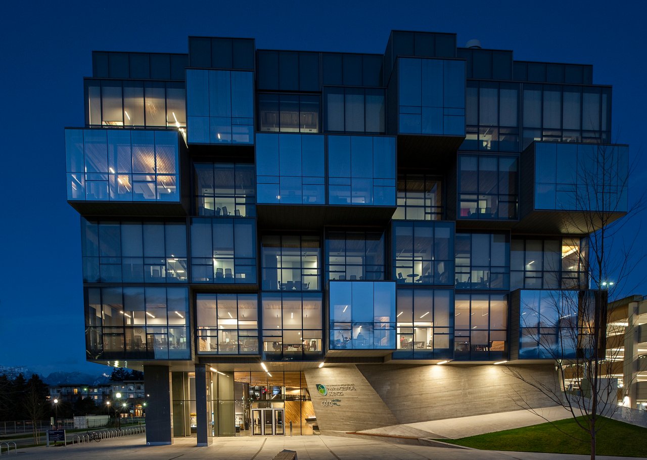 Exterior view of the building at night time.