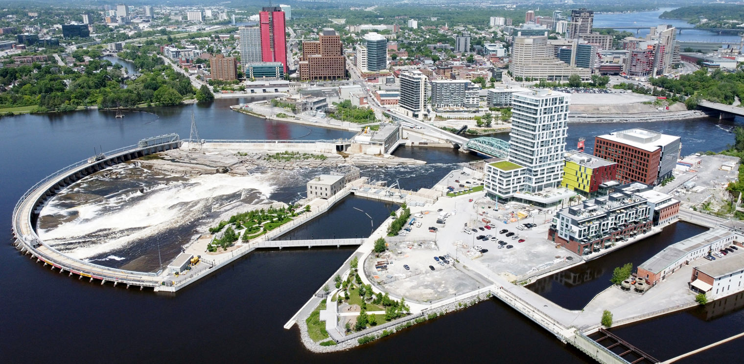 An aerial shot of the Zibi master planned community