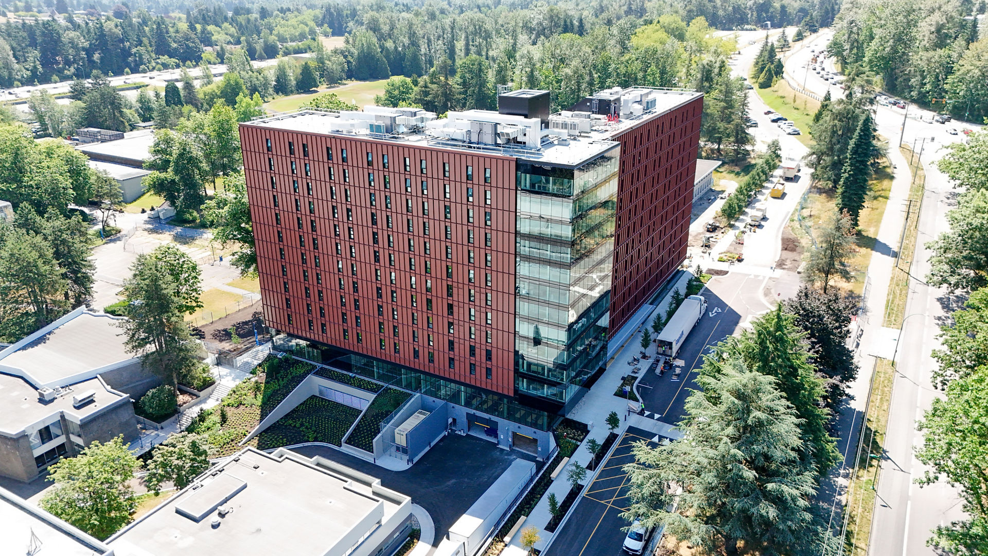 An aerial drone shot of the BCIT exterior