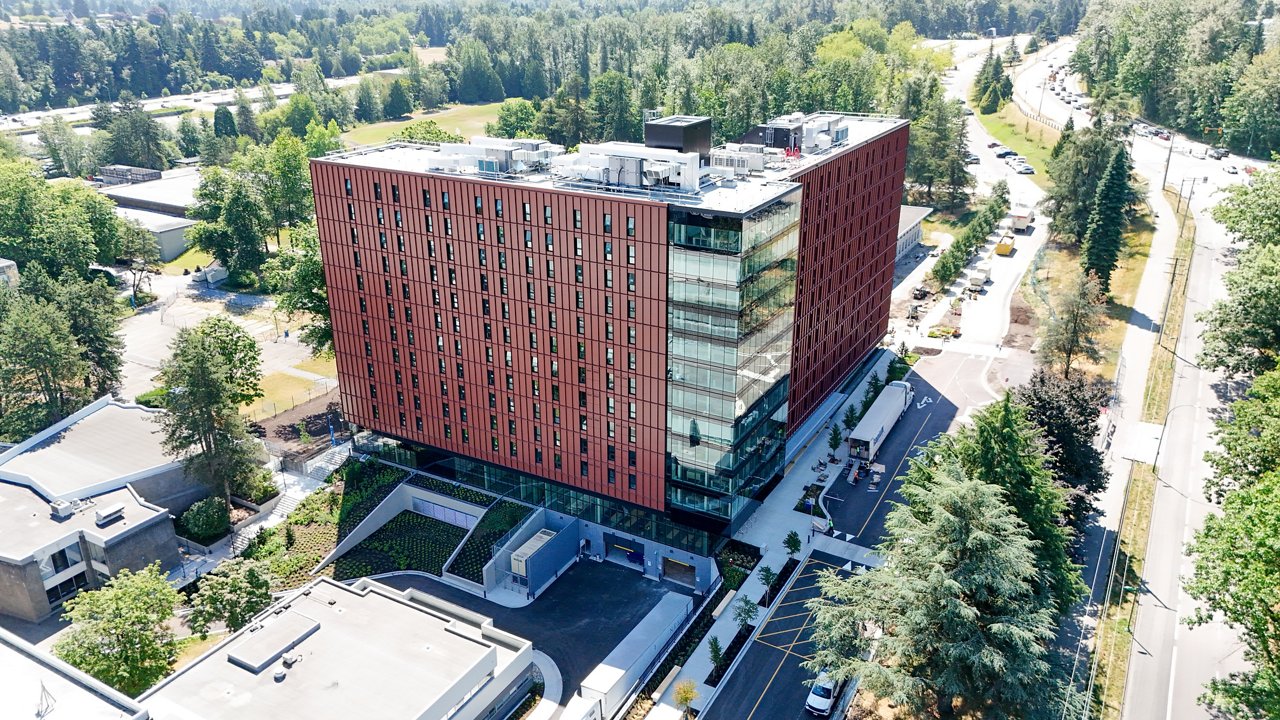 An aerial drone shot of the BCIT exterior