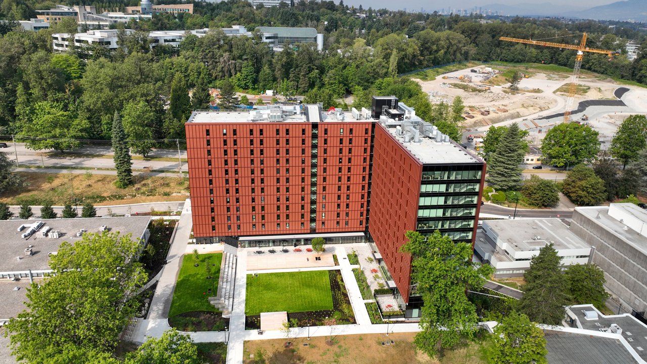 An aerial drone shot of the BCIT exterior