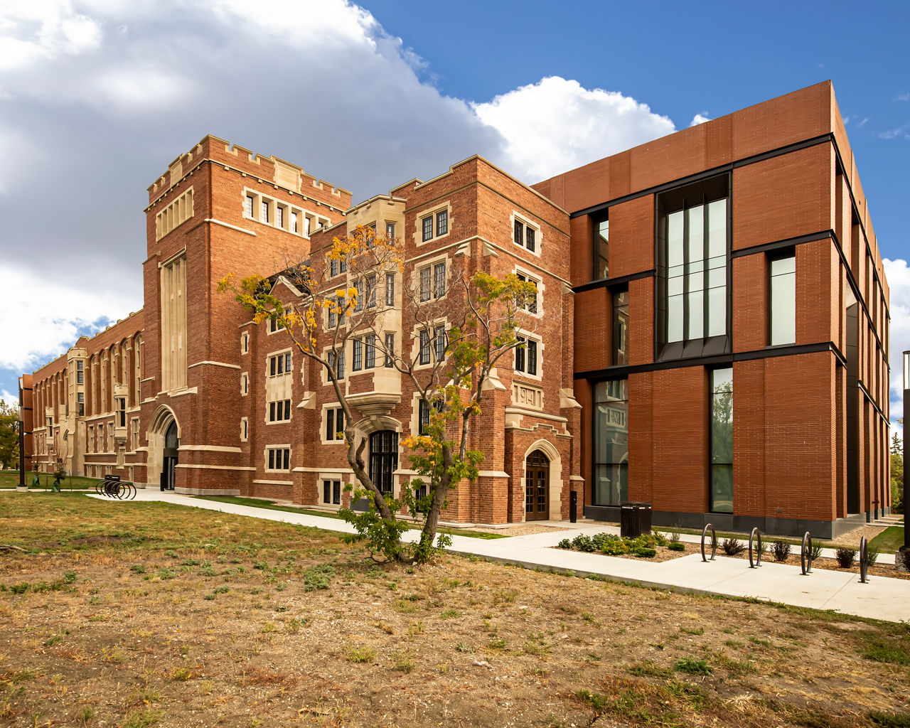 The exterior facade of a college campus building